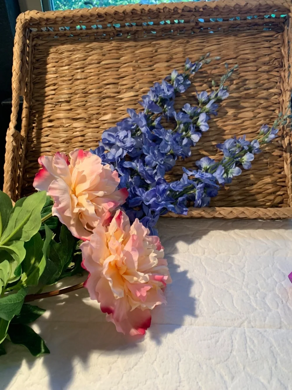 5 Faux floral stems-blue Delphiums, peachy pink peonies.